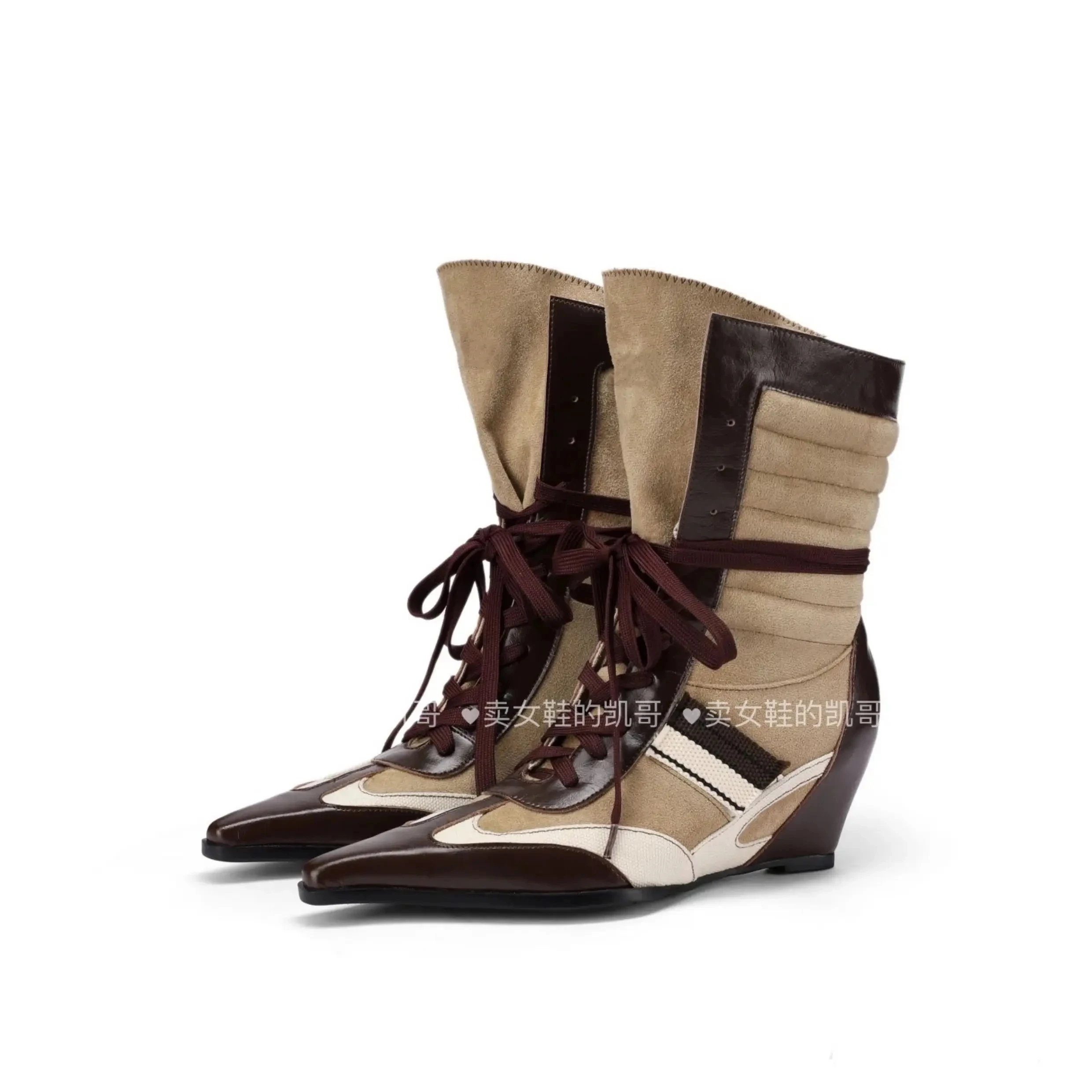 Botines de punto Retro con bloques de Color, botines de boxeo atléticos con cuña elevada, diseño de nicho, Botas femeninas con cordones para chica