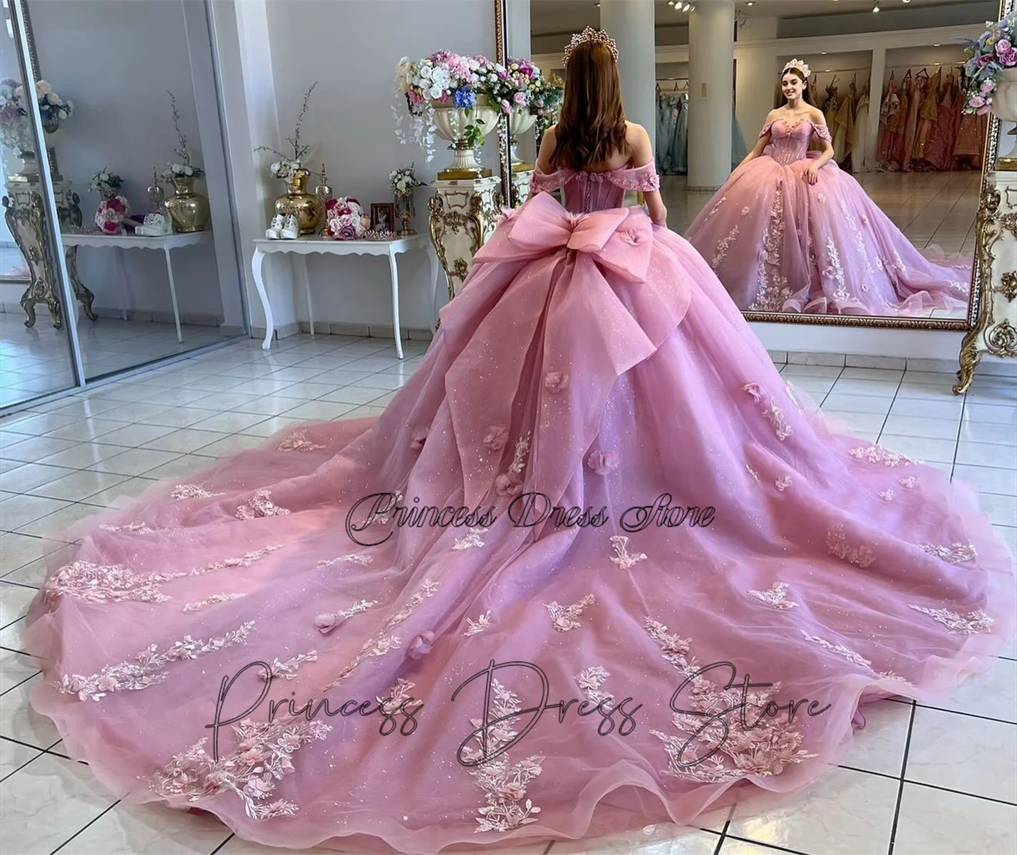 Elegent Glitter Pink Princess Quinceanera Dress 2025 3D Flower Corset Gown Applique Beads Crystals Ball Gown Vestidos De 15 Años