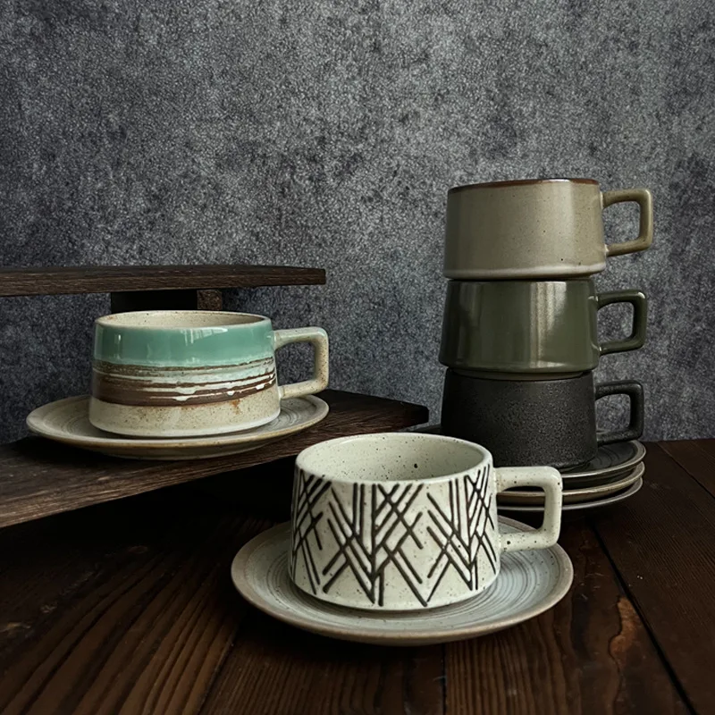 Retro Stoneware Coffee Cup & Saucer Set - Japanese-Style Ceramic Cups, High-End Tableware for Milk Tea Shops & Home
