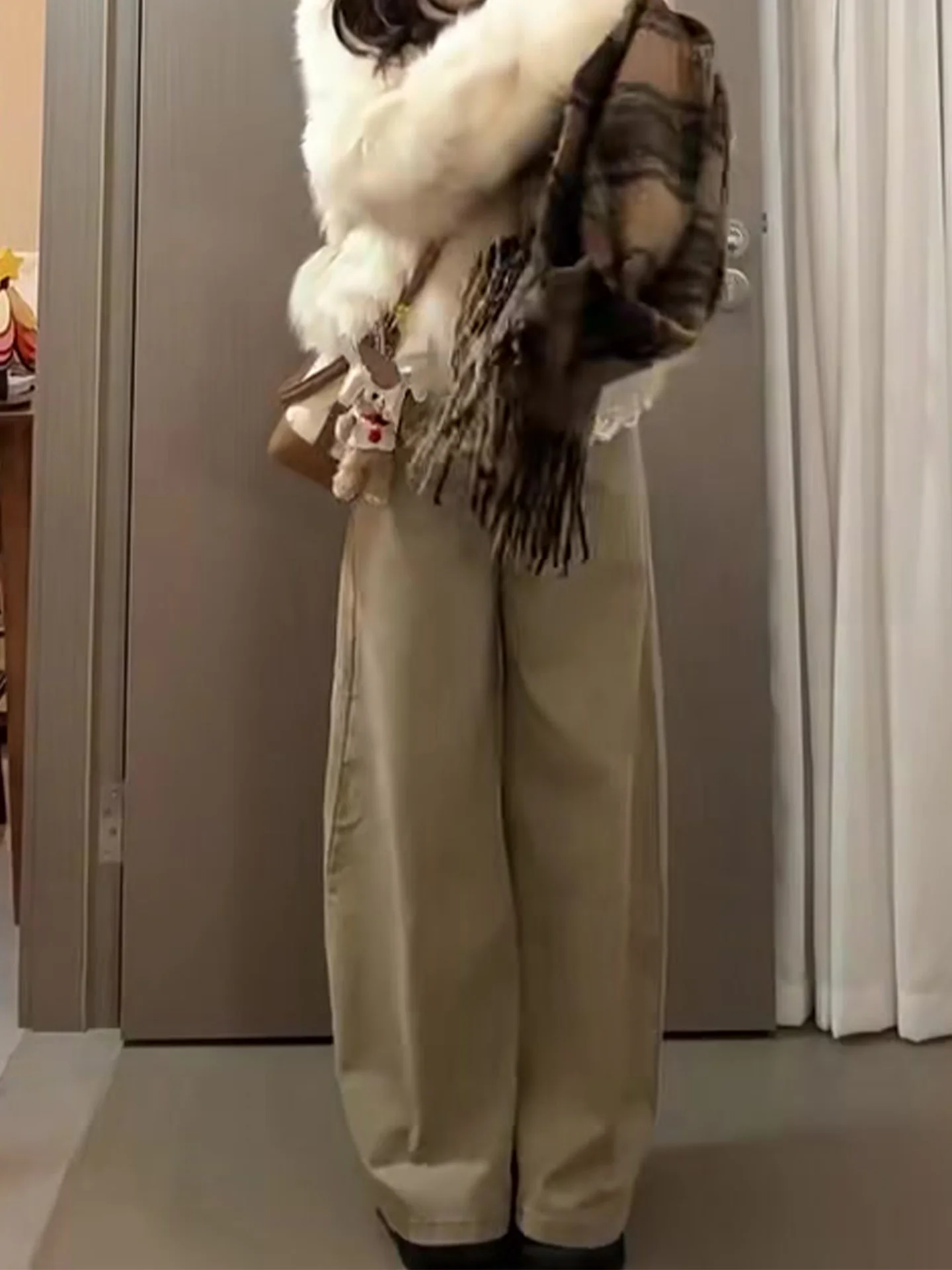 

Большие размеры, американские свободные джинсовые брюки цвета хаки с высокой талией, женские зимние новые повседневные прямые брюки с широкими штанинами Fce