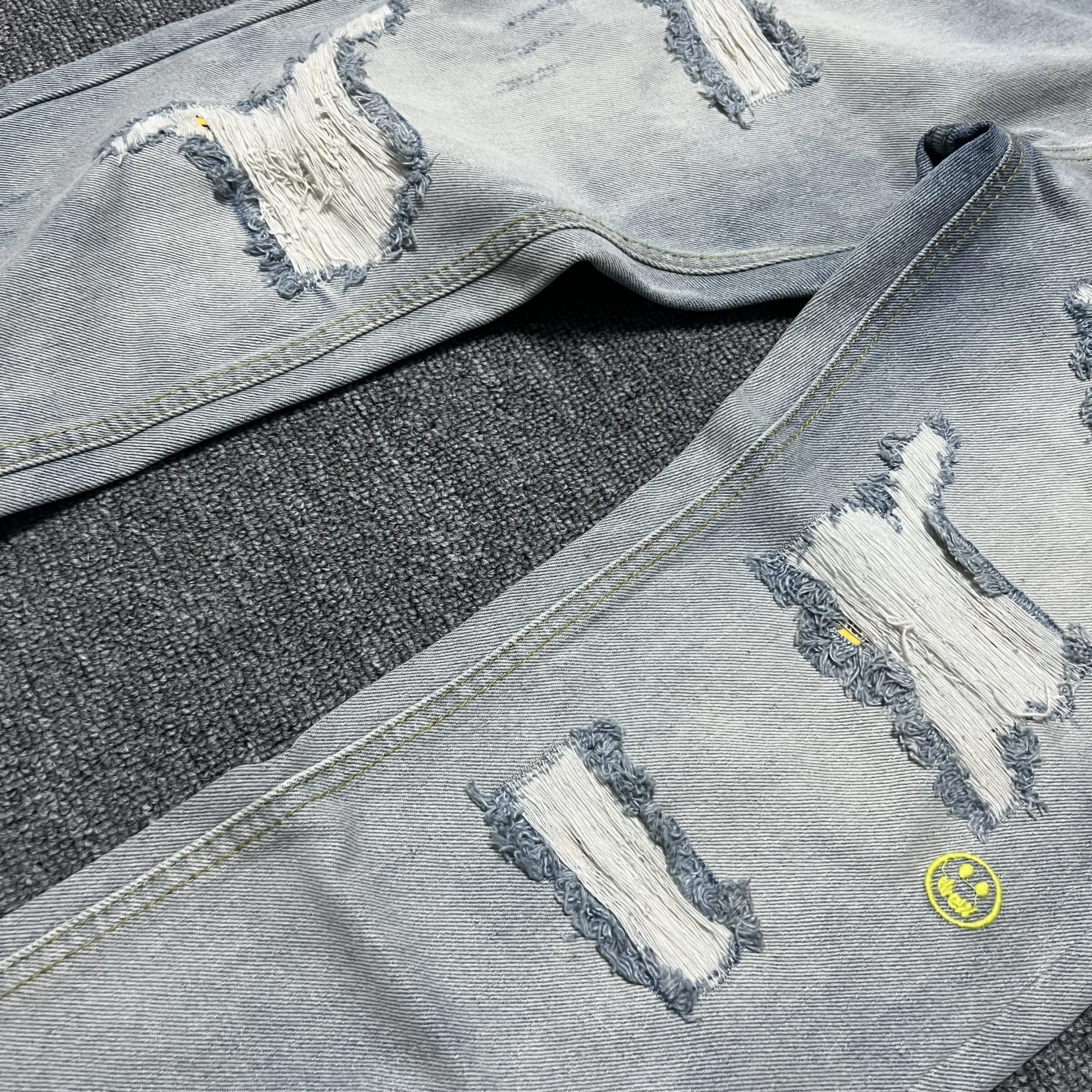 Drew House Men Crystal Holes Ripped Patchwork Jeans Streetwear Light Blue Denim Slim Skinny Pencil Pants Trousers