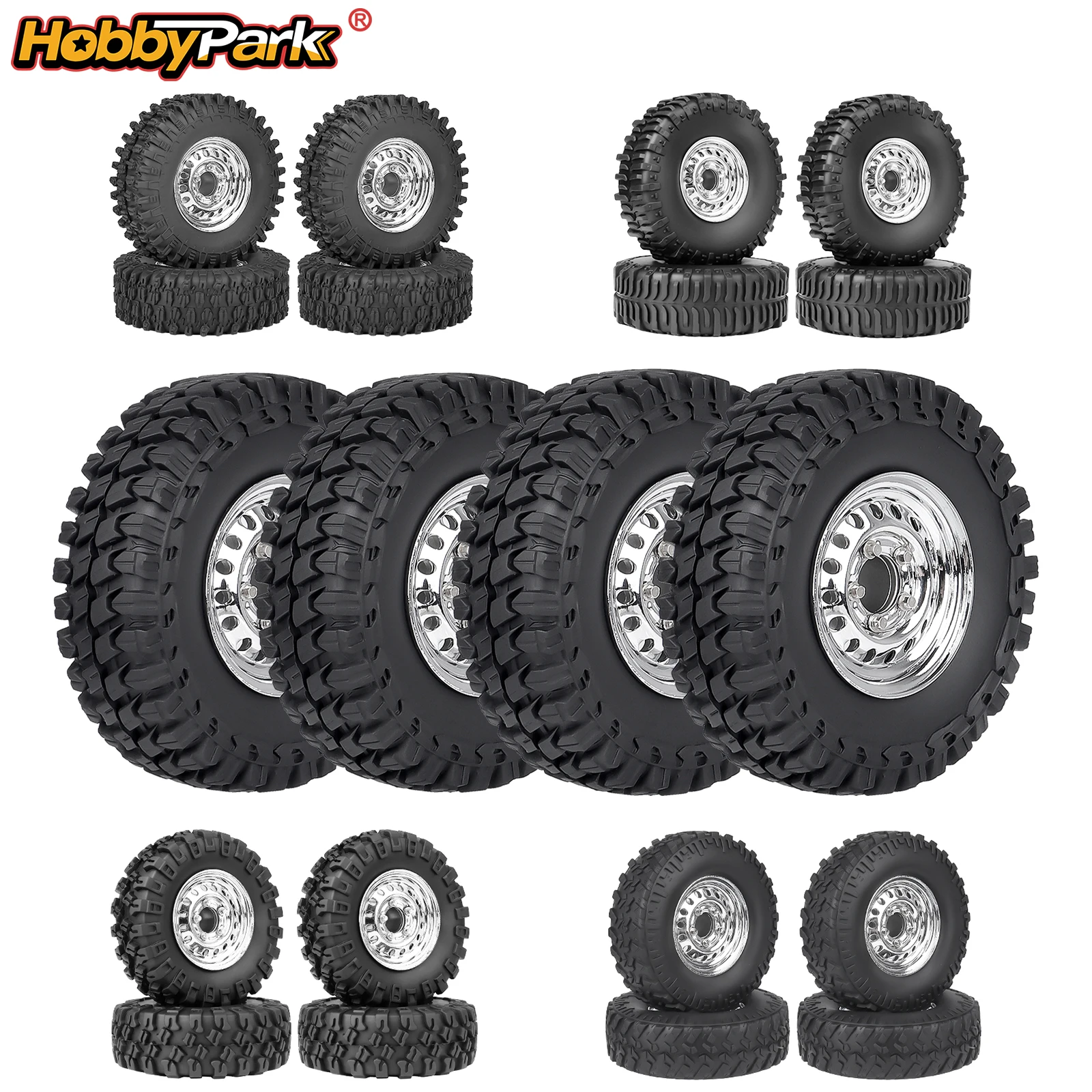 Jantes et pneus HobbyPark Chrome Steel 1.0 Beadlock à déport négatif pour modèles 1/24 Axial SCX24 FCX24 - Pièces de mise à niveau