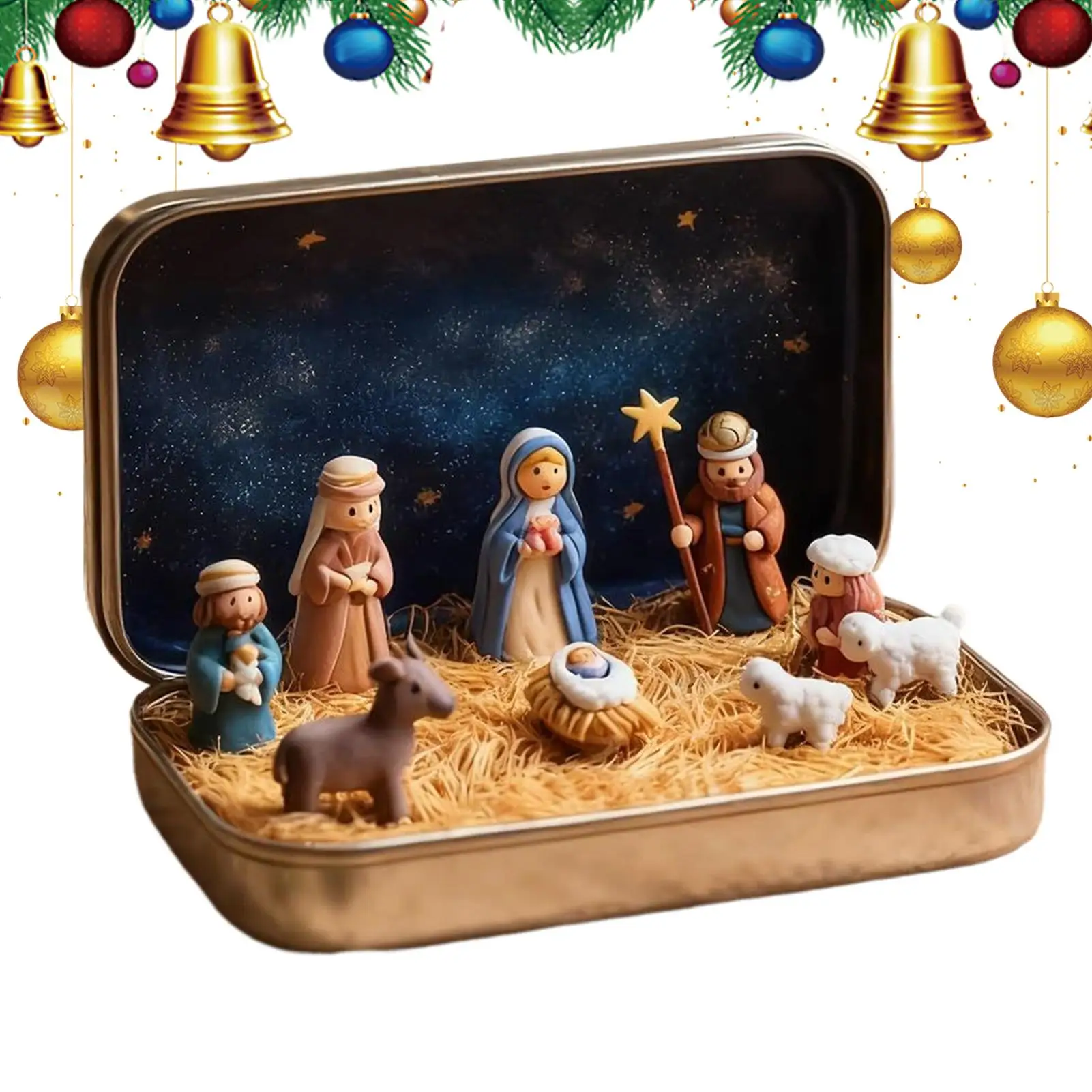 Nativity Set In Tin Box Portable Decorative Religious 3D Ornament Christmas Holy Family Decoration For Desk Shelf Office Bedroom