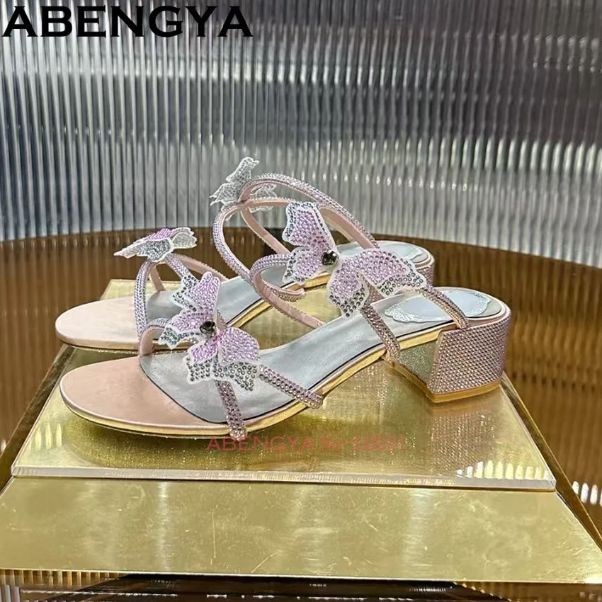 

Summer Chunky Heels Women's Slippers Shiny Butterfly Slides Open Toe Ladies Party Shoes Runway Gladiator Sandals Women Slippers