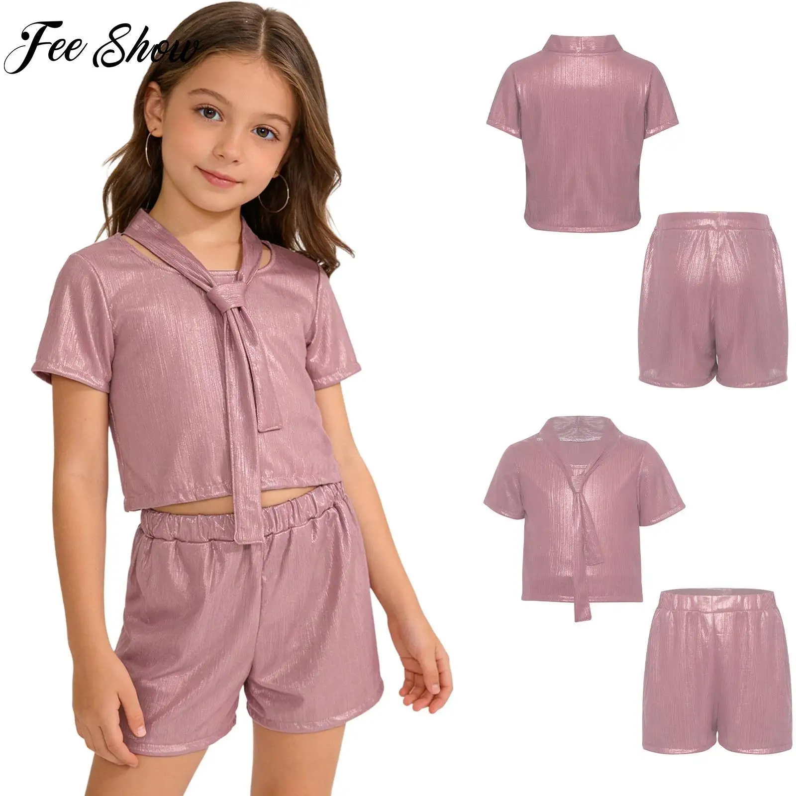 Kids Boys Girls Dance Cheerleading Outfit Metallic Ribbed Short Sleeve Necktie T-shirt And Shorts for Hip Hop Street Performance
