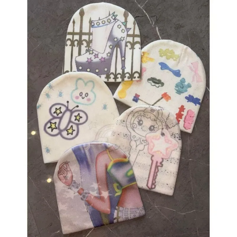 

Winter Gothic Punk Printing Knitt Hat Cool Girls Punk Women Knitted Hat Harajuku Subculture Knitted Hat Y2k Aesthetics Warm Hats