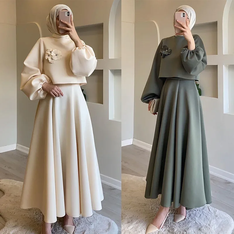 Eid Dubai Fashion Set 2 Piece Women Lantern Sleeve Top Shirt & Skirts Suits Musulman Ensembles Jalabiya Appliques Muslim Sets