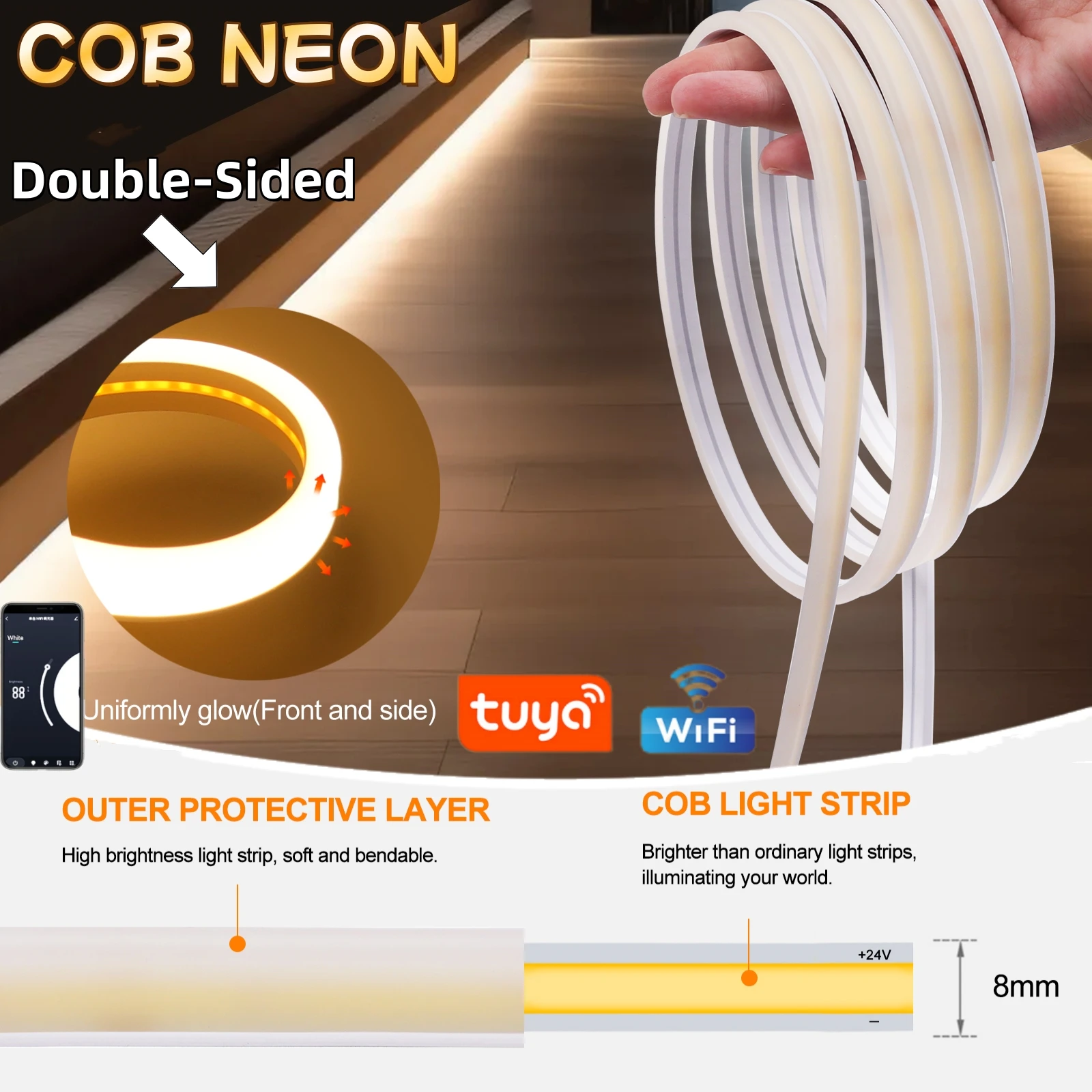 Imagem -04 - Tuya Smart Wifi Cob Neon Led Strip Light Tubo de Sílica Gel Luz de Fundo de Fita Faça Você Mesmo Diode Lamp Funciona com Alexa Google Home 320leds por m 10m