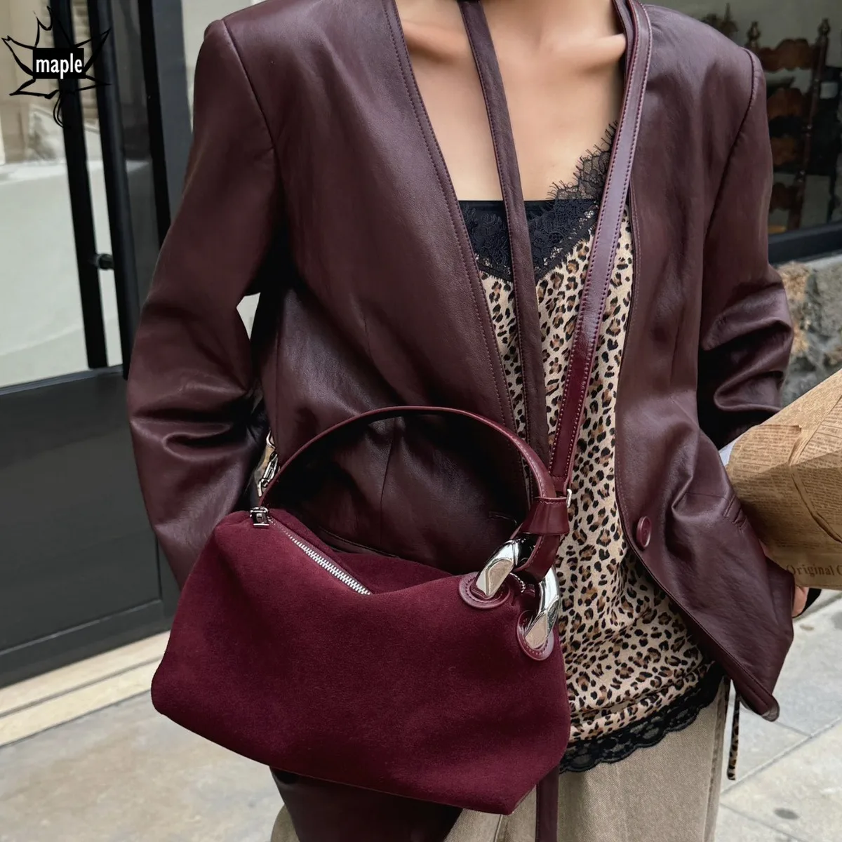 Chic Deep Wine Red Coffee Color Winter Daily-use Tote Luxury First-class Nubuck Leather Women Shoulder Crossbody Bag Chamois