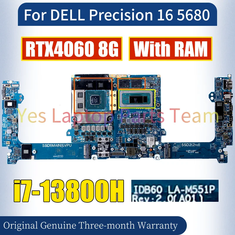 LA-M551P For DELL Precision 16 5680 Laptop Motherboard SRMJ2 i7-13800H RTX4060 8G With RAM Notebook Motherboard 100％ Tested