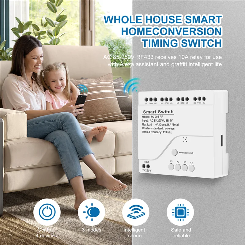 N05R 4CH Zigbee Smart Light Switch Module AC 85-250V RF433 Receive 10A Relays Work With Alexa Assistant,Tuya Smart Life