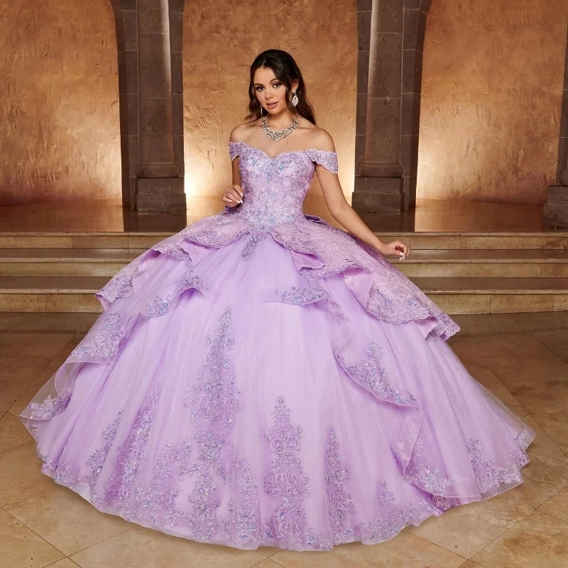 

Lilac Quinceanera Dress Off The Shoulder Crystal Ball Gown Appliques Lace Beads Tull Corset Sweet 15 Vestidos De Quinceañera