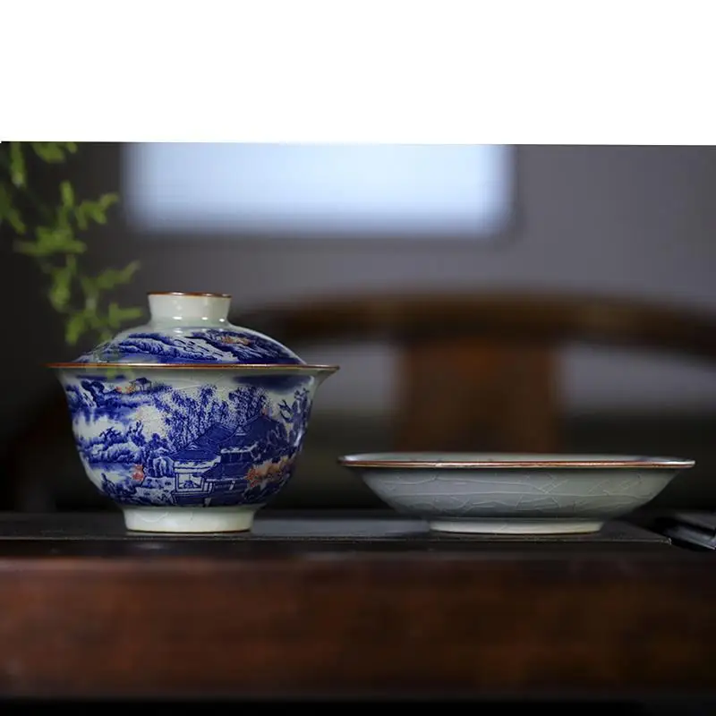 Jingdezhen Old Clay JS Dujiao Gaiwan Ceramic Household Retro Blue and White Tea Bowl Gracked Glaze Supportable