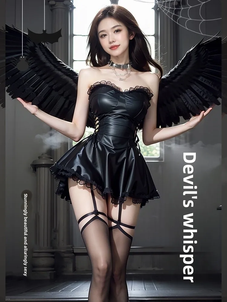 

Gothic Leather Strapl ort Dr Sexy Waist-Cinching loween Devil Costume Night Club orm Pure Desire Spwear