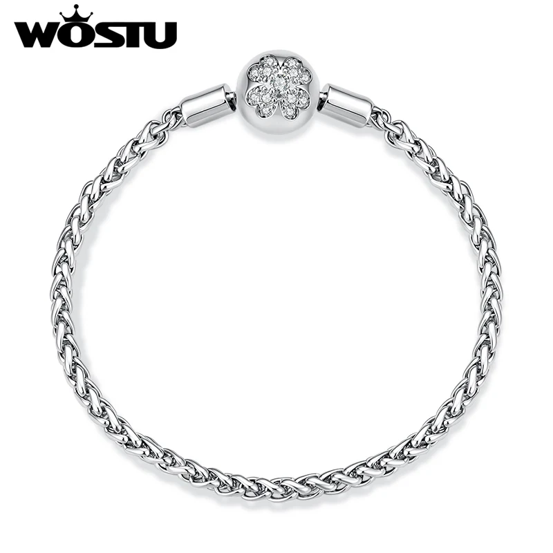 WOSTU Platinum Plated Zircon Lucky Clover Bracelet Fit Original DIY Charm Beads, Twisted CZ Bracelet DIY Jewelry Wholesale