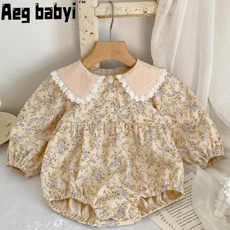 Spring Baby Girls Clothes Long Sleeve Baby Girls Romper Lace Ruffle Flower  Newborn Baby Bodysuits Cotton Korean Infant Clothing