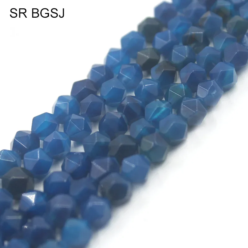 8mm Faceted Round Polygonal Blue Agat Onyx Natural Stone Findings Beautiful Beads Strand 15