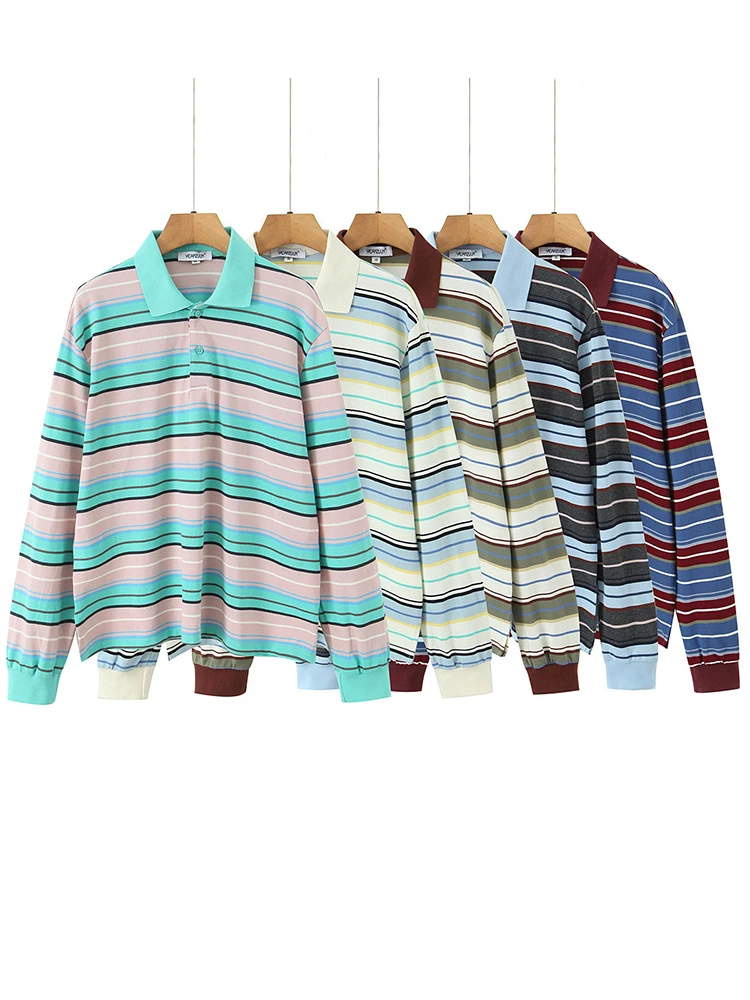 

Women Vintage Striped Long Sleeve Knitted Tshirts Spring Autumn Tops Loose Tees