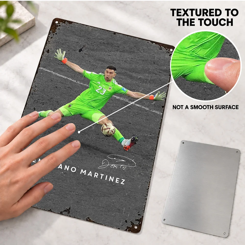 Emiliano Martinez Footballer Aluminum Poster Customized Metal Sign Goalkeeper Diving Green Kit Graphic Wall Art For Home Gym