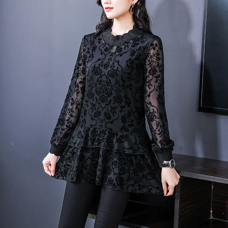 Office Lady Floral Printed Patchwork Blouse Casual Long Sleeve Spring Autumn Stand Collar Lace Spliced Female Loose Gauze Shirt