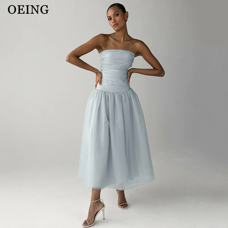 

OEING Simple A-Line Prom Dresses Organza Sky Blue Strapless Sleeveless Pleats Tea Length Party Dress Gala vestidos Customized