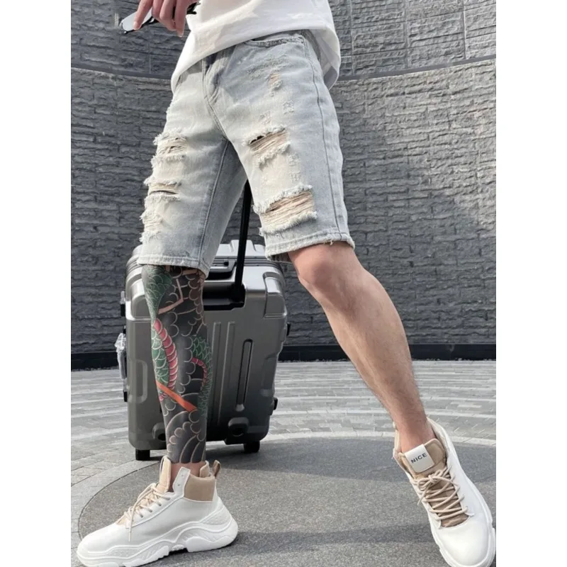 Ruffian Handsome Guy Ripped Denim Shorts Men's Casual Beggar 2025 Summer Thin Men's Jean Shorts Men's Distressed Medium Pants
