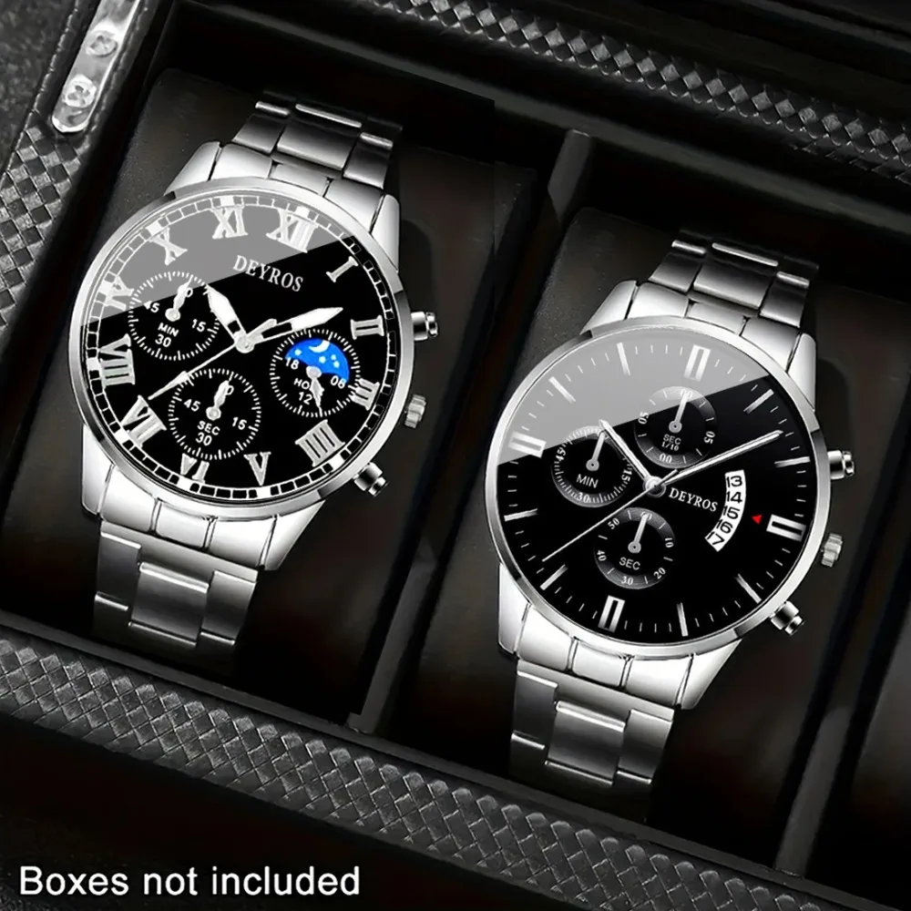 2pcs Stylish Men's Quartz Watch Set - Round, Alloy Band - Perfect Gift for Valentine's, Easter, Birthdays & Christmas