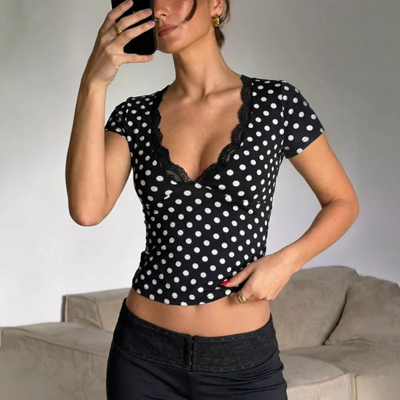

Sexy Polka Dot Spliced Lace Short Sleeve T Shirt V-Neck Casual Summer Spice Girl Slim Tee Tops Woman Women Summer Clothing Y2K