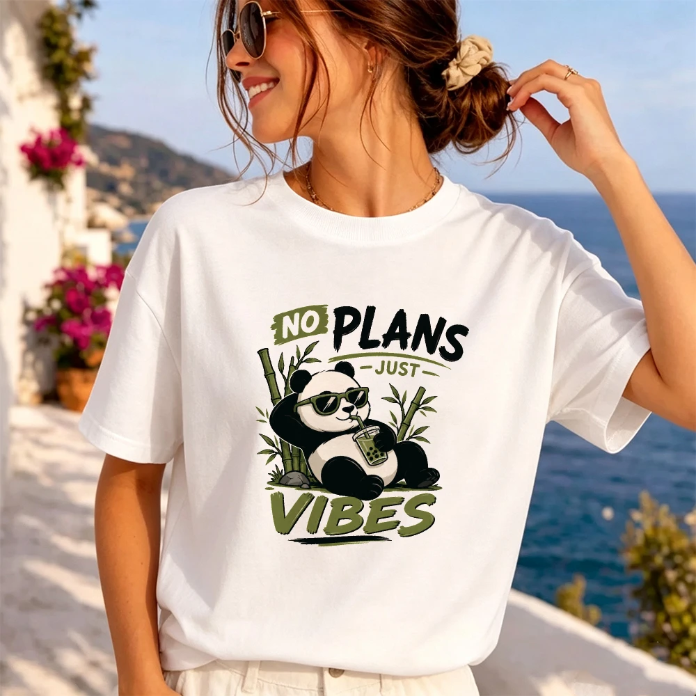 Chill Panda Sunglasses Drink Women Lazy Weekend Graphic T-Shirt Relaxing Bamboo Cartoon Top Vacation Clothes