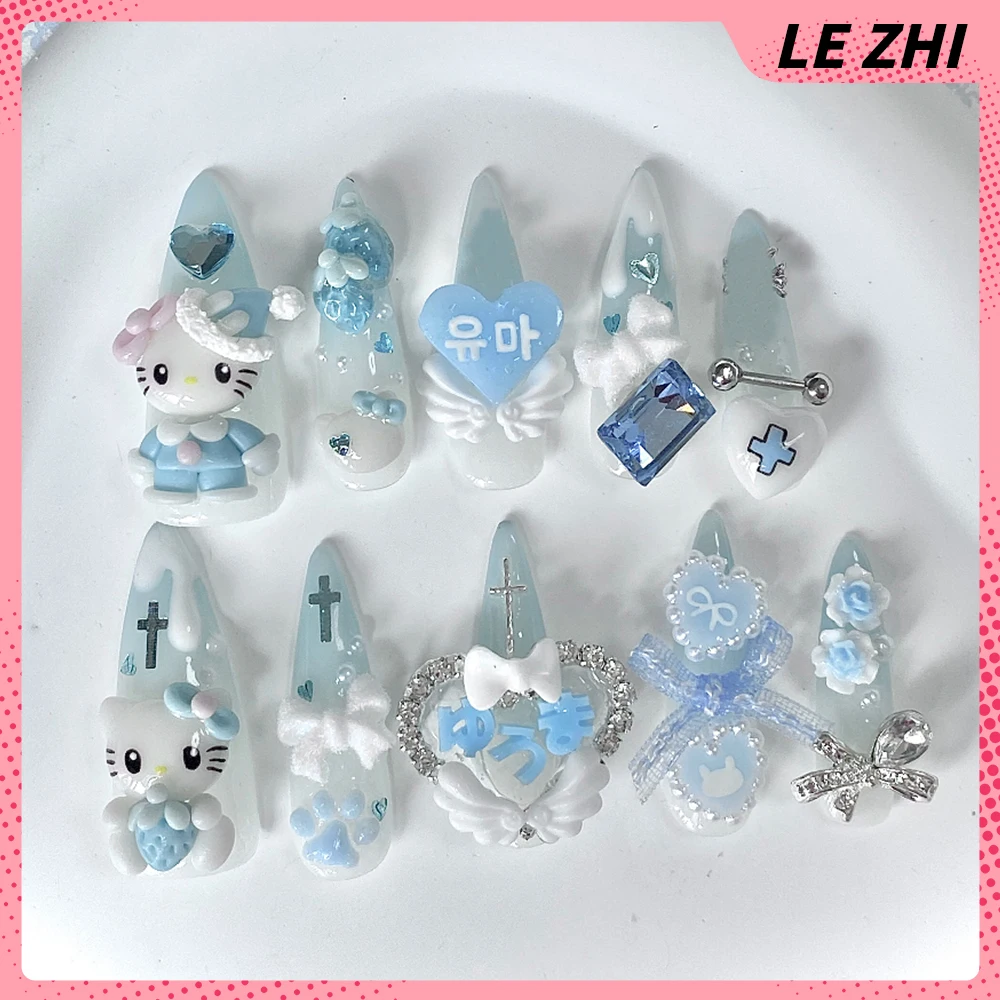 10 قطعة Y2K الكرتون مرحبا كيتي بلدي ميلودي اليدوية طويلة اللوز اضغط على الأظافر الحلو كول ثلاثية الأبعاد الزهور القوس أجنحة الماس وهمية مسمار