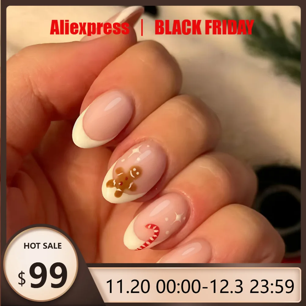 

24pcs Christmas Press on Nails Short Almond French Gingerbread Cane Fake Nail for Women&Girl Removable Wearable False Nail Art