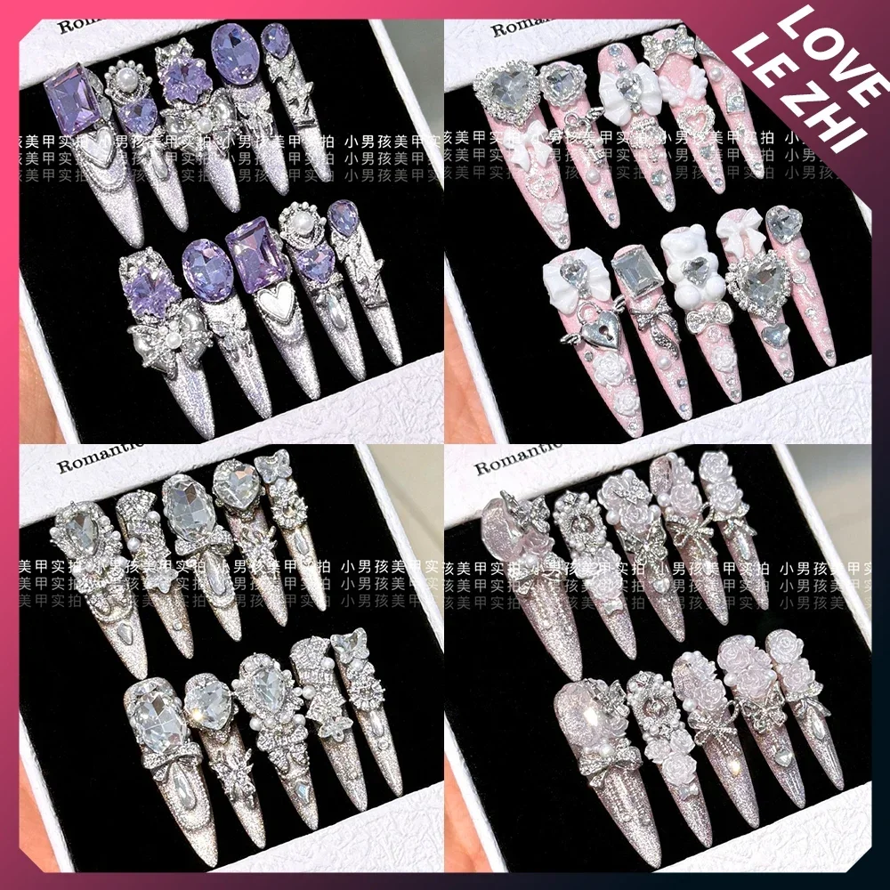 Luxury Shining Rhinestone Handmade Long Stiletto Full Cover Nails 3D Spice Girl Bow Flowers Pearl Butterfly Wearable Fake Nails