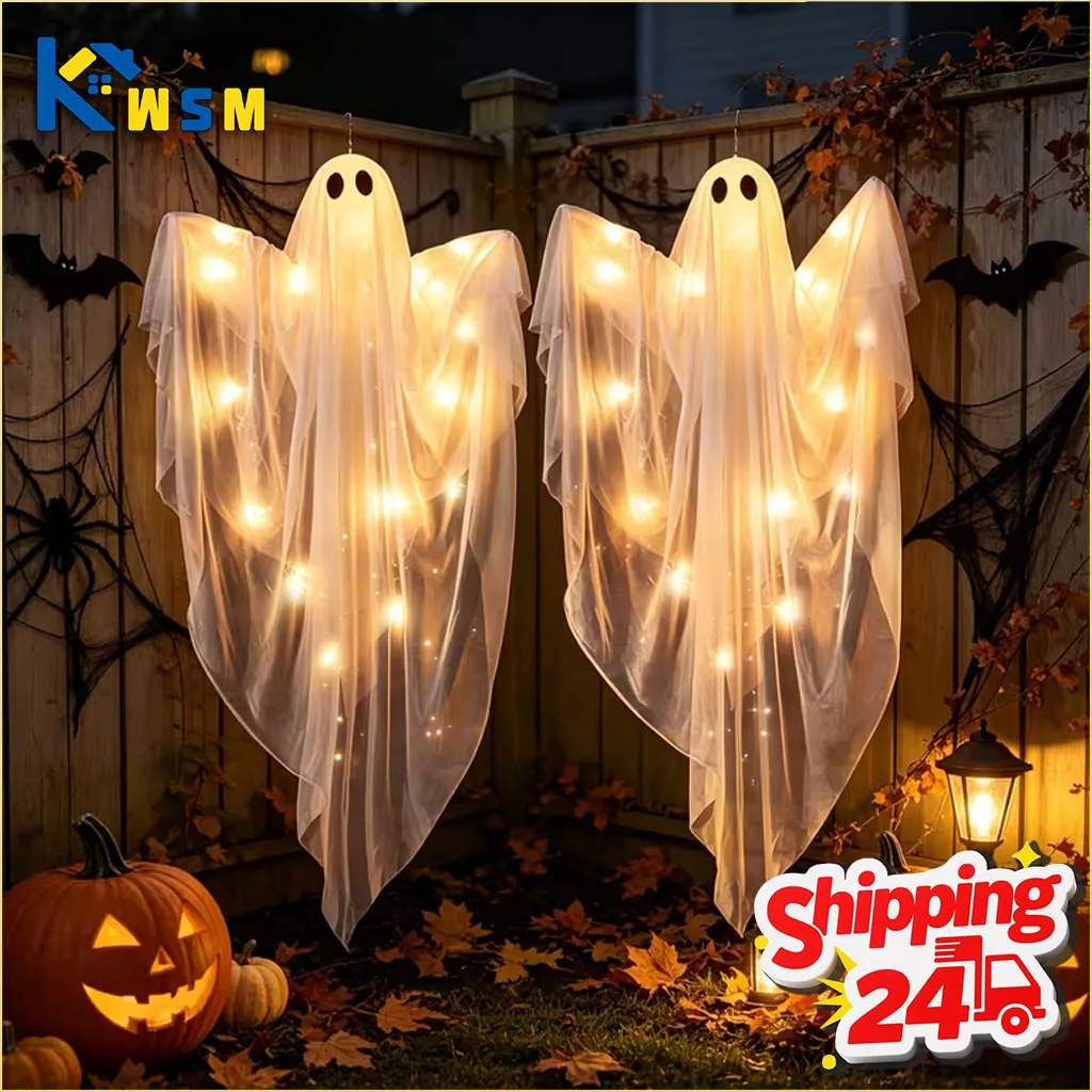 1-4 Stück leuchtende Geister-LED-Lichterketten für Halloween-Party, Garten, Veranda, Baum, Garten, Spukhaus-Dekoration