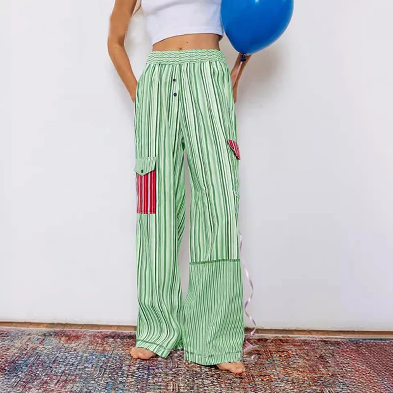 

Y2K Stripe Wide Leg Pants Woman Elastic Waist Casual Cargo Pants Loose Lounge Pants Pajama Trousers With Pockets Streetwear