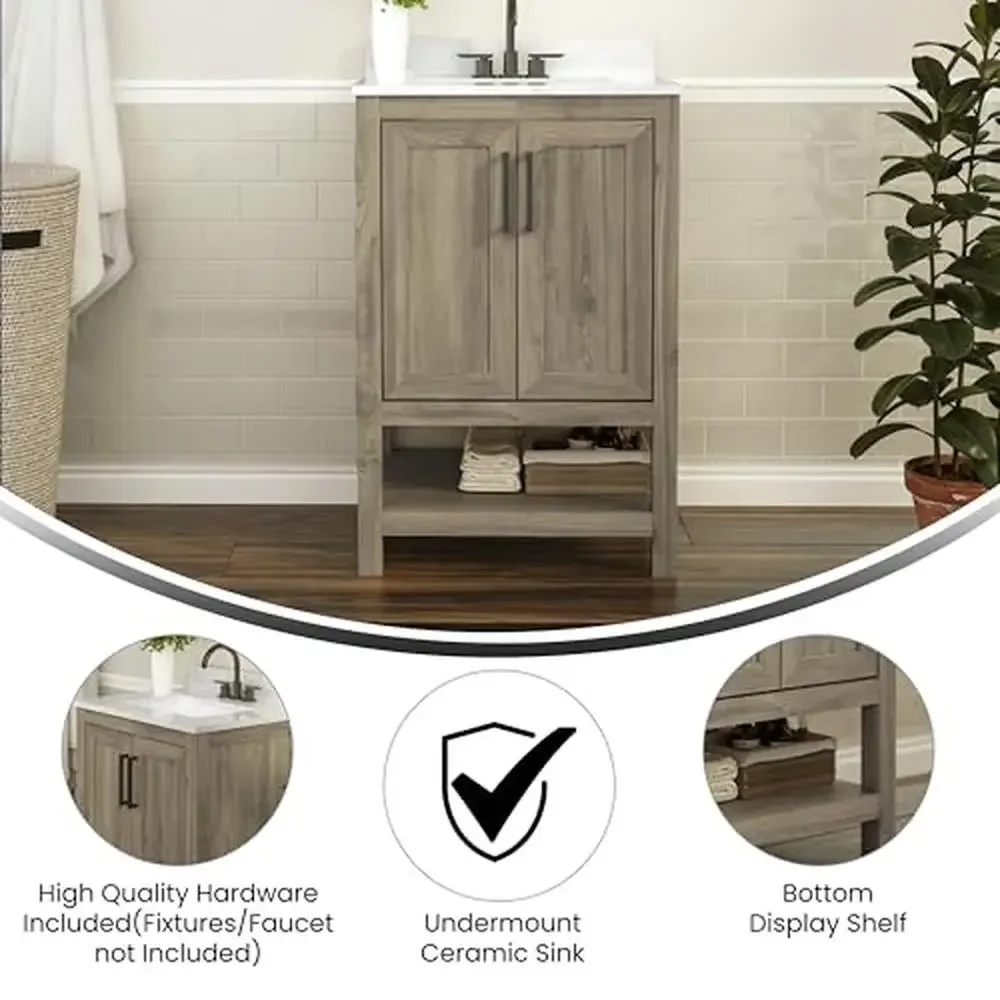 24" Bathroom Vanity Sink Combo Storage Cabinet Soft Close Doors Open Shelf Carrara Marble Finish Storage Brown Bathroom Cabinet