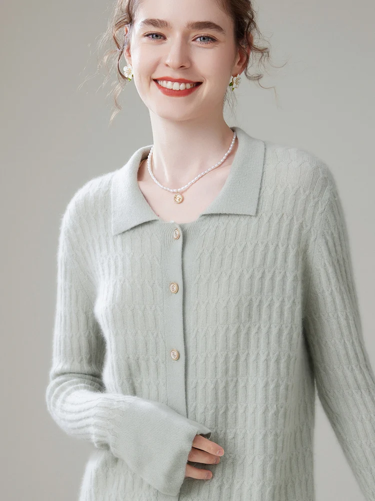 New Knitted Autumn Winter Women Cardigan Pure Cashmere Polo Collar Flare Sleeve Twist Flower Thick Cashmere Sweater Female Cloth