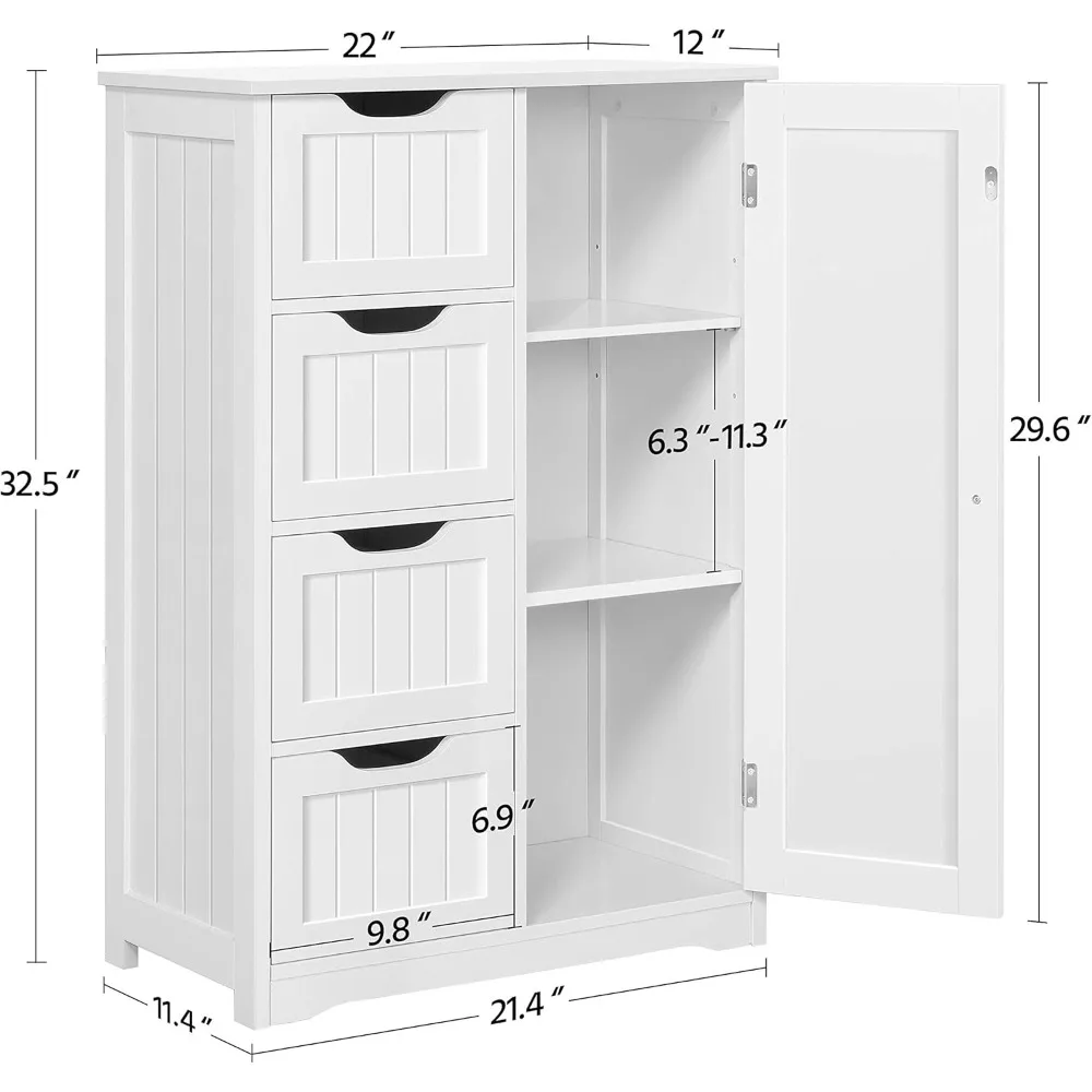 Armário de piso de madeira para móveis de jardim, organizador lateral de armazenamento com 4 gavetas e 1 armário, unidade de armazenamento independente para entrada