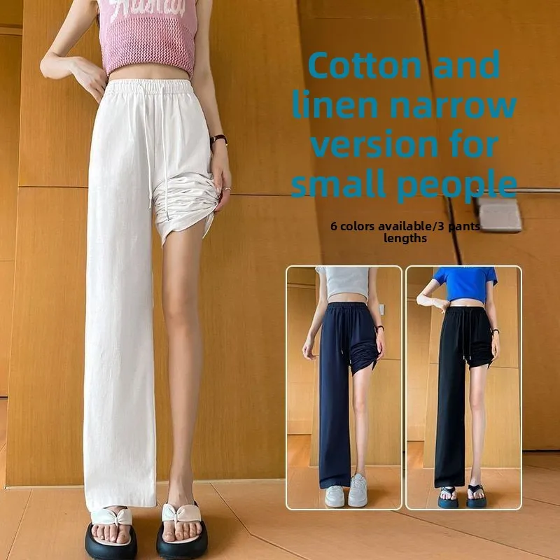 Белые хлопковые и льняные широкие брюки женские летние тонкие маленькие размеры с высокой талией и драпировкой Sensation High End Slim Straight Casual Trou...