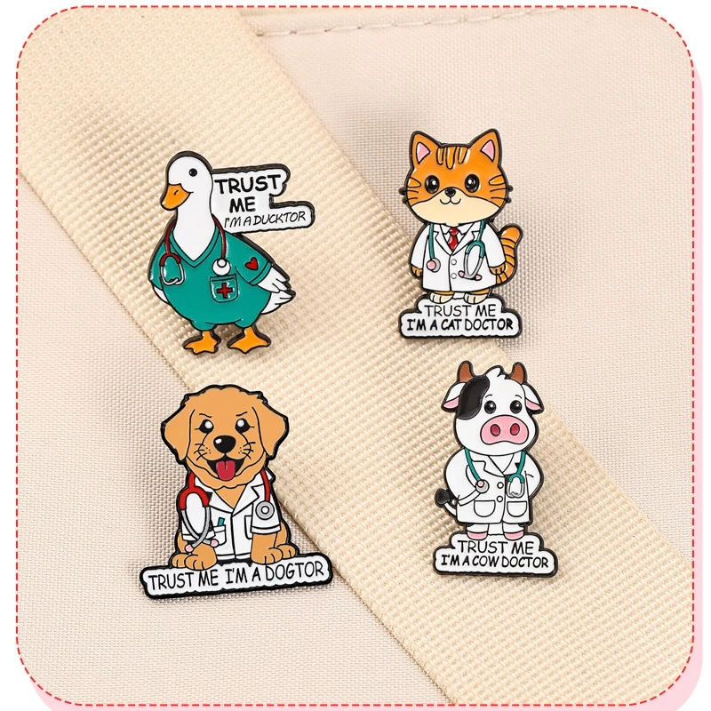 New Funny Animal Doctor Metal Brooch Cartoon Cat Dog Duck Cow Student Backpack Pin Badge Accessories DIY Clothing Bags for Gift