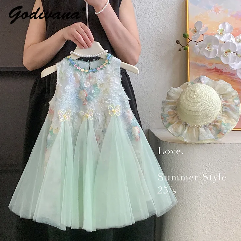 

Sweet Baby Girls Sleeveless Dress Elegant New Chinese Summer Outfit Kids Heavy Floral Embroidery O-neck Tulle Princess Dresses