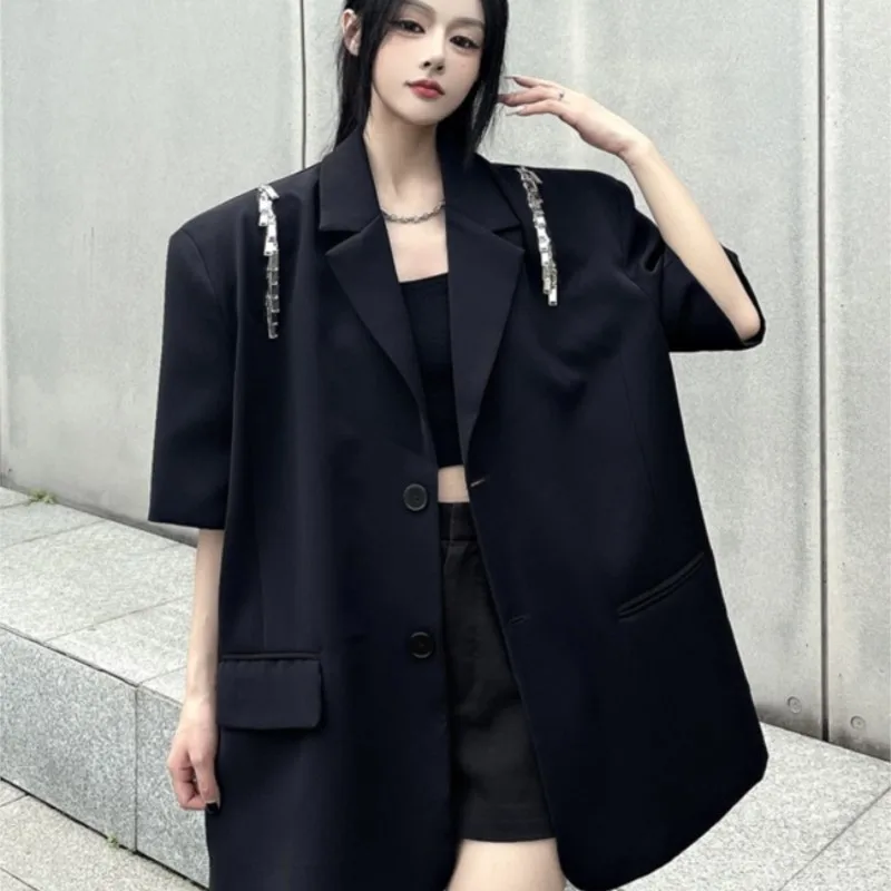 

Draping Padded Shoulder Suit Women's Metal Zipper Design Sense Niche Black Baggy Coat