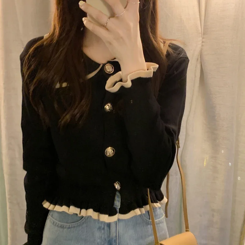 Neploe Korean Cropped Cardigan Y2K Fashion Sweaters Woman Sweater Ruffles Black White Cute Tops Fall 2023 Women Clothing