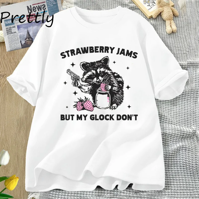 Funny Raccoon Strawberry Jams T Shirt Women Cotton Round Neck Tshirt Streetwear Short Sleeve T-shirt Summer Fashion Tee Oversize