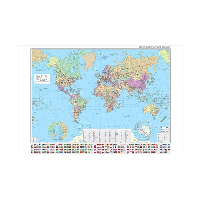 150*100cm Spanish Language World Map with National Flags, Important Cities Wall Poster Canvas Painting Decor School Supplies