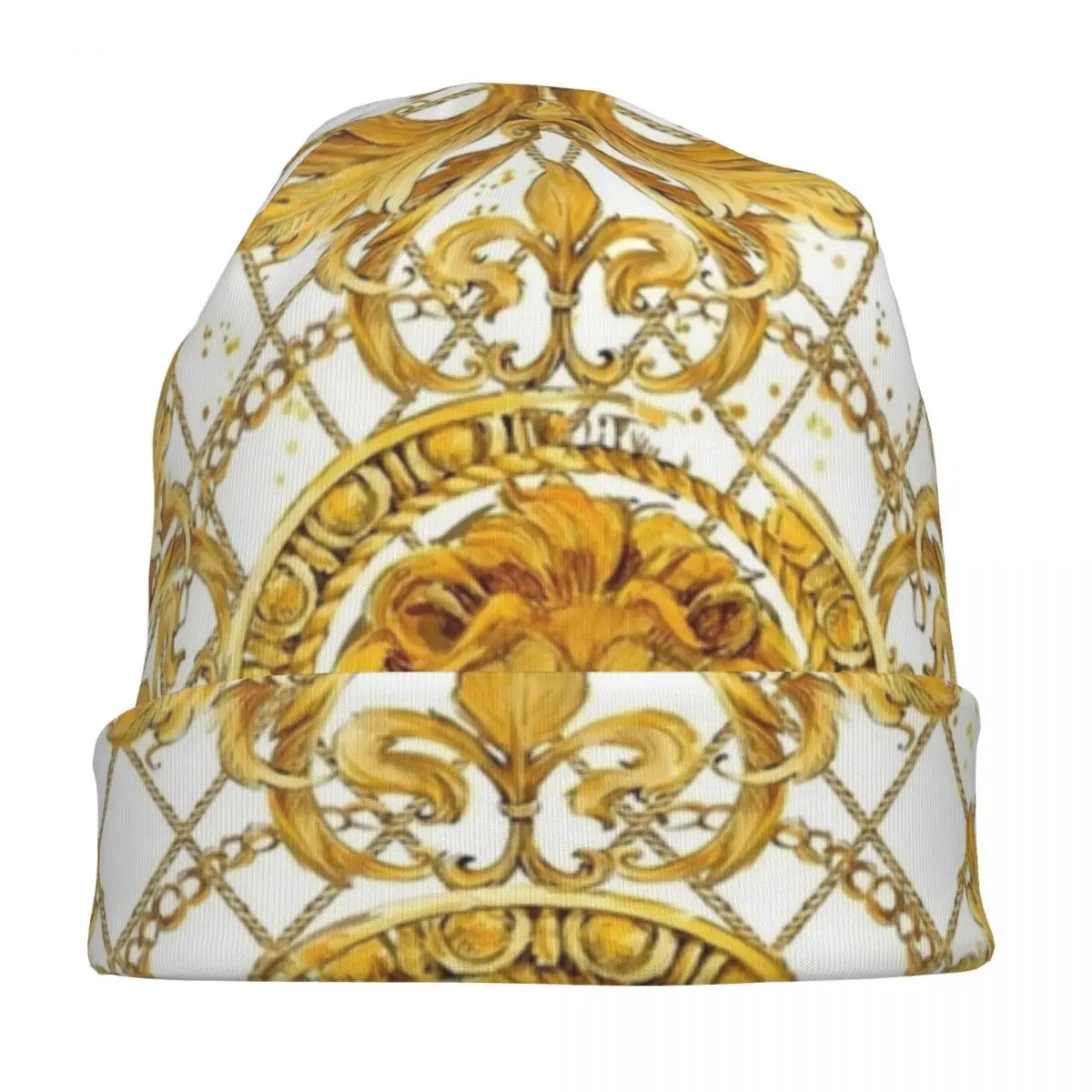 Golden Lion And Damask Skullies Beanies Hats Baroque Goth Unisex Street Caps Warm Dual-use Bonnet