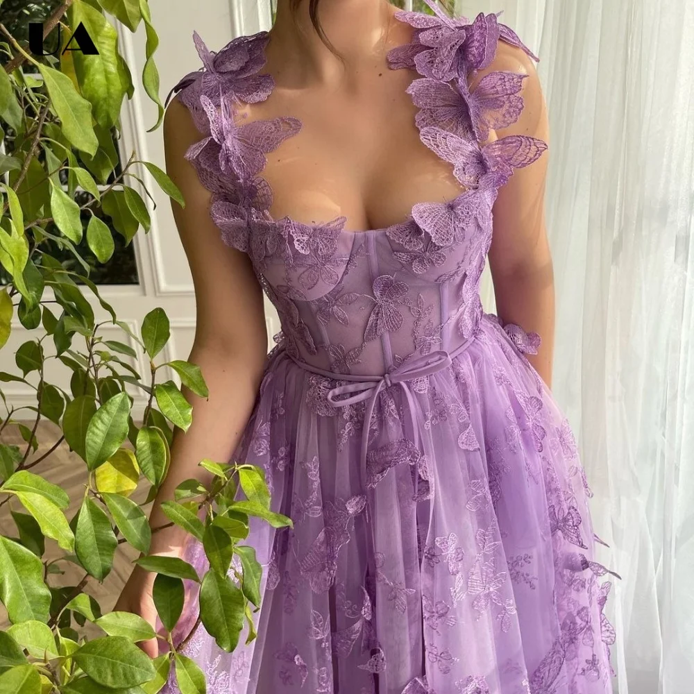 ULBYANRY Maßgeschneidertes, einfarbiges, ärmelloses Abendkleid in A-Linie, romantisches Partykleid mit 3D-Applikationen, modisches, rückenfreies Ballkleid mit Schlitz