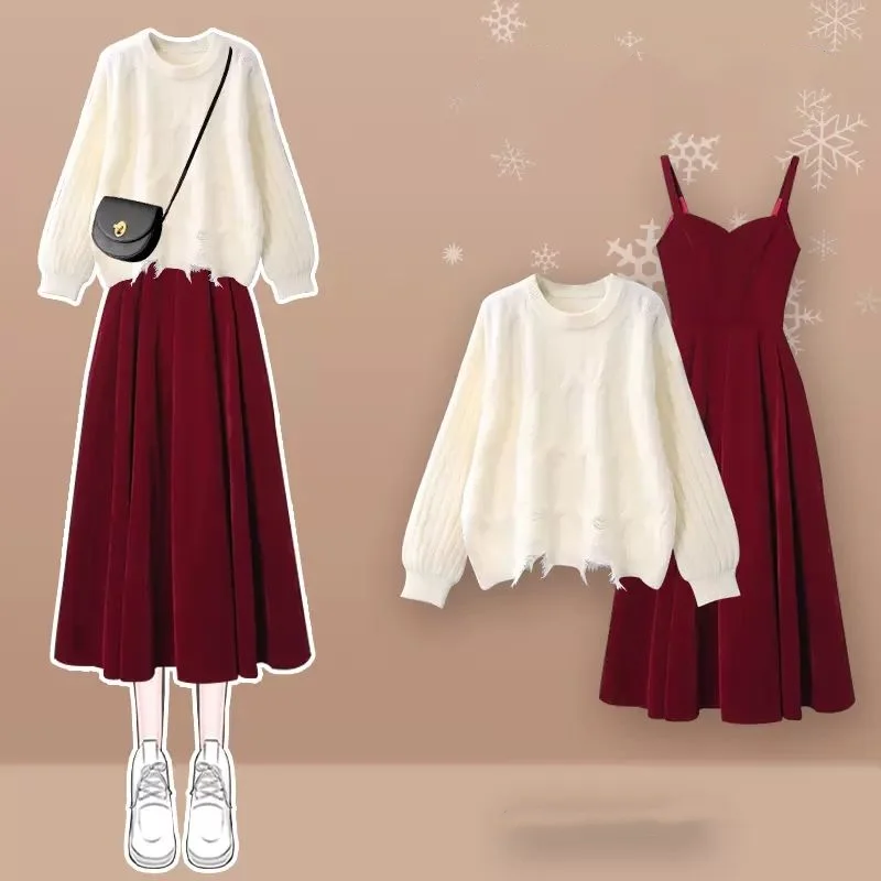 Spring/Autumn Single Outfits New Korean Style Fashion Women\'s Red Mid Length Dress Elegant Design 2 Piece Set