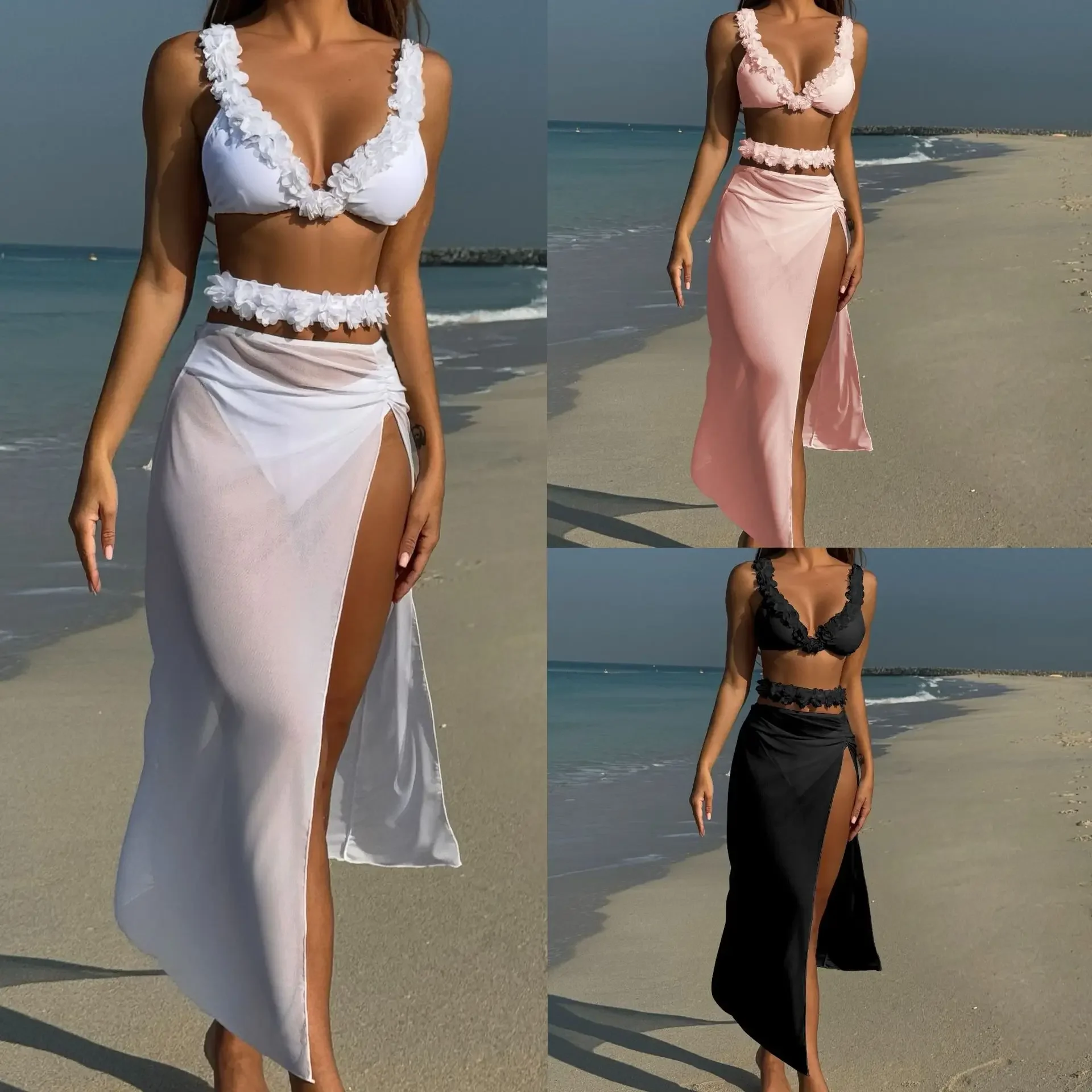 

New Solid Color Lace Sexy Three-piece Mesh Dress Bikini
