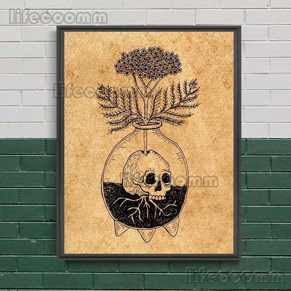 Plant Full Of Sun And Moon Witchcraft Element Art Poster Print Home Decor Candle Hand,Skull,Magic Book Vintage Wall Art Painting