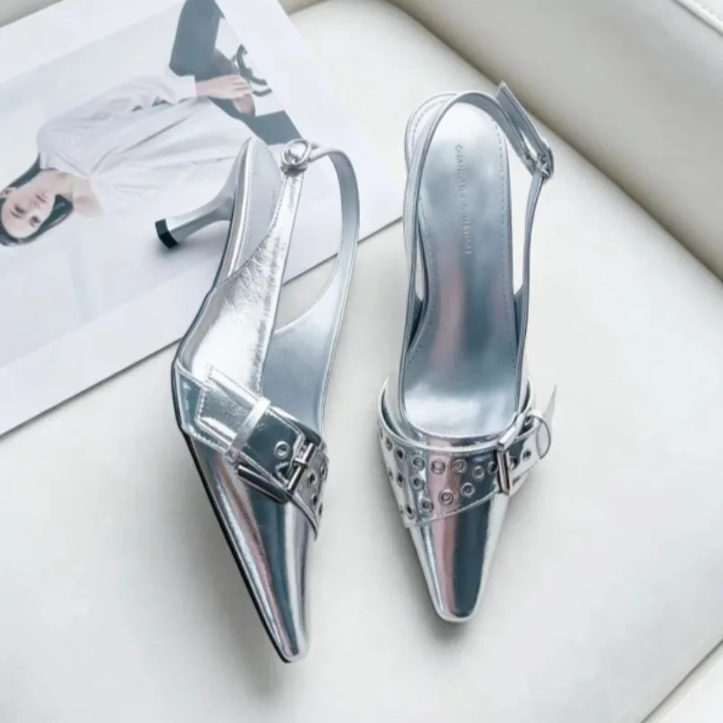 Summer New Black Pointed High Heels Women's Belted Slippers Distressed Semi-Sandals Mid-Century Backless Flat Shoes